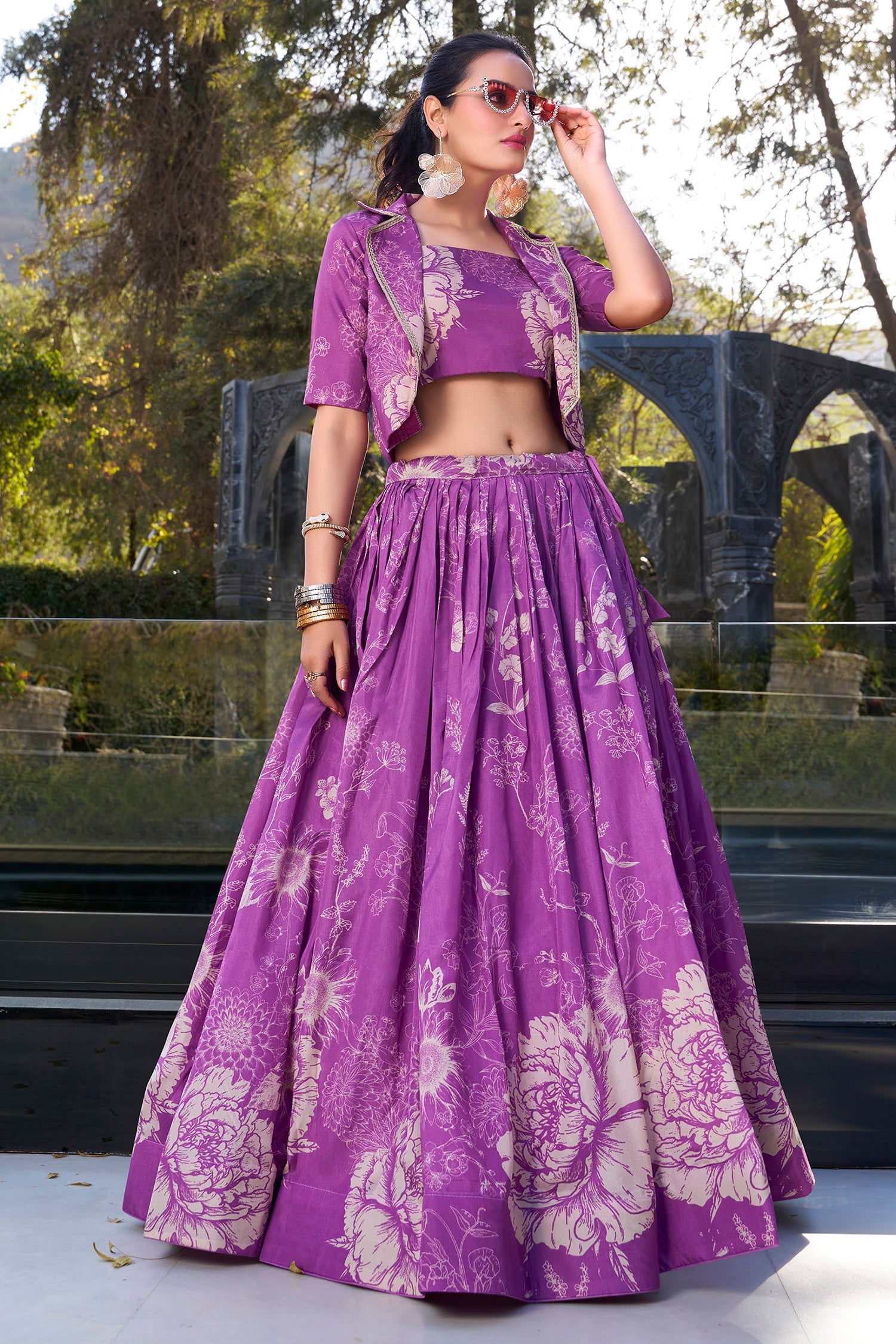 Purple Tussar Silk Floral Printed Crop Top Lehenga with Jacket