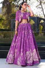 Purple Tussar Silk Floral Printed Crop Top Lehenga with Jacket