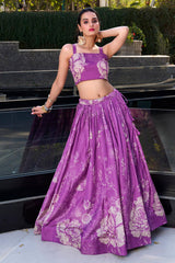 Purple Tussar Silk Floral Printed Crop Top Lehenga with Jacket