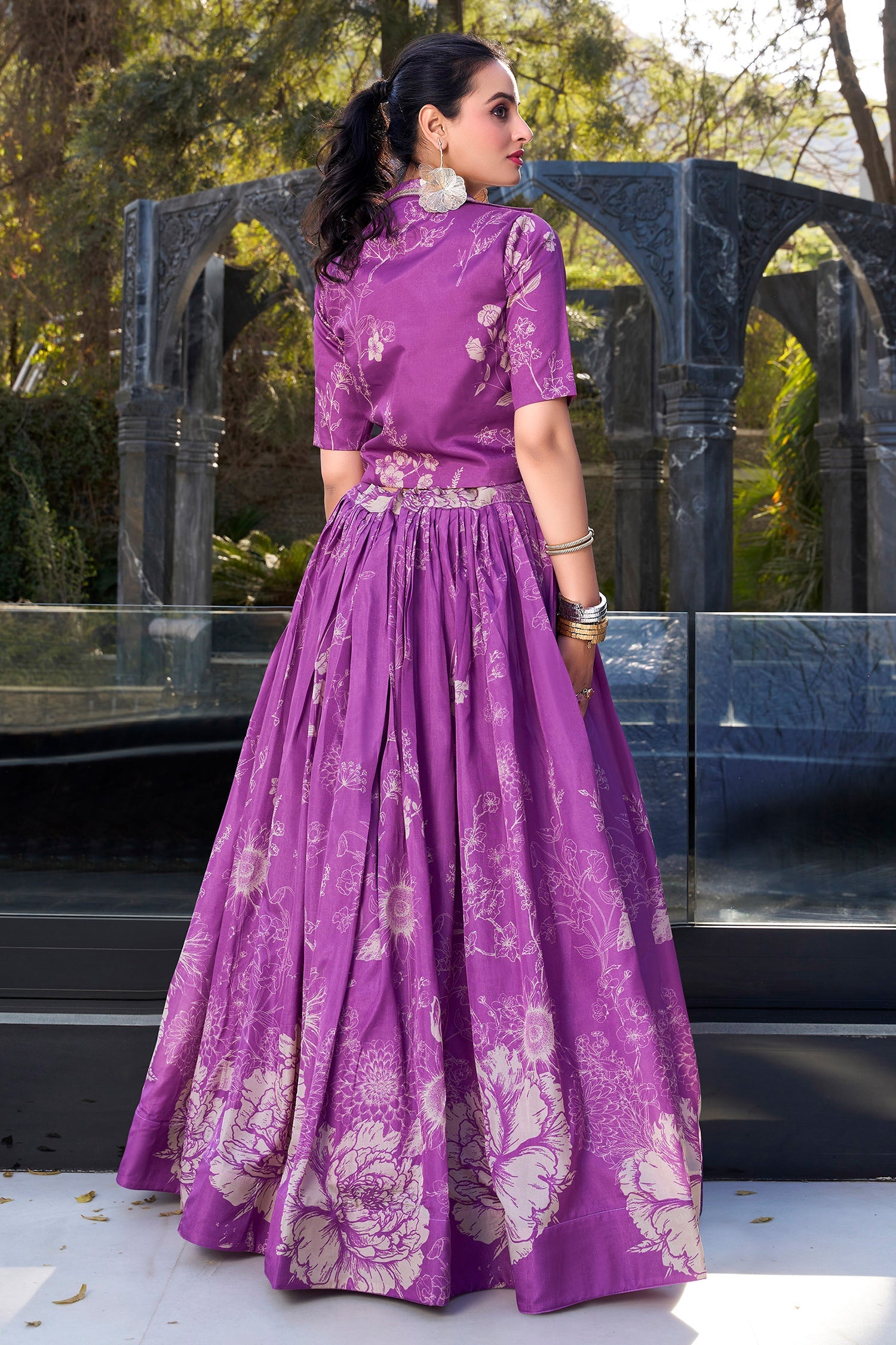 Purple Tussar Silk Floral Printed Crop Top Lehenga with Jacket