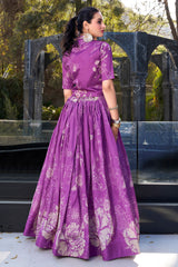 Purple Tussar Silk Floral Printed Crop Top Lehenga with Jacket