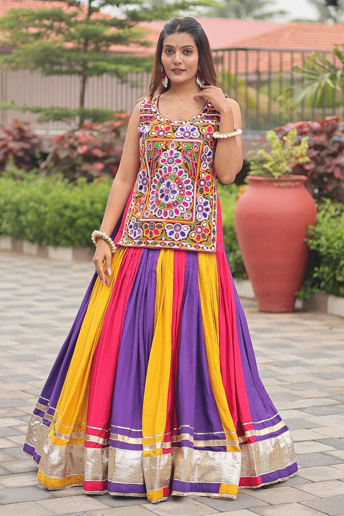 Multi Colored Cotton Chaniya with Long Kachchi Worked Blouse