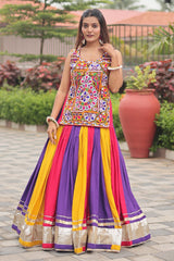 Multi Colored Cotton Chaniya with Long Kachchi Worked Blouse
