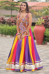 Multi Colored Cotton Chaniya with Long Kachchi Worked Blouse