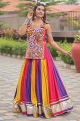 Multi Colored Cotton Chaniya with Long Kachchi Worked Blouse