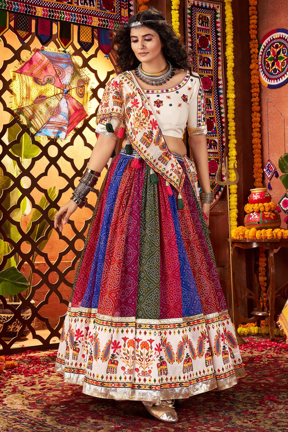 Multi Colored Flared Georgette Chaniya Choli with Mirror and Bandhej Print Work