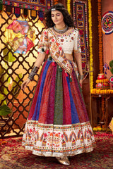 Multi Colored Flared Georgette Chaniya Choli with Mirror and Bandhej Print Work