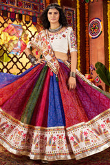 Multi Colored Flared Georgette Chaniya Choli with Mirror and Bandhej Print Work
