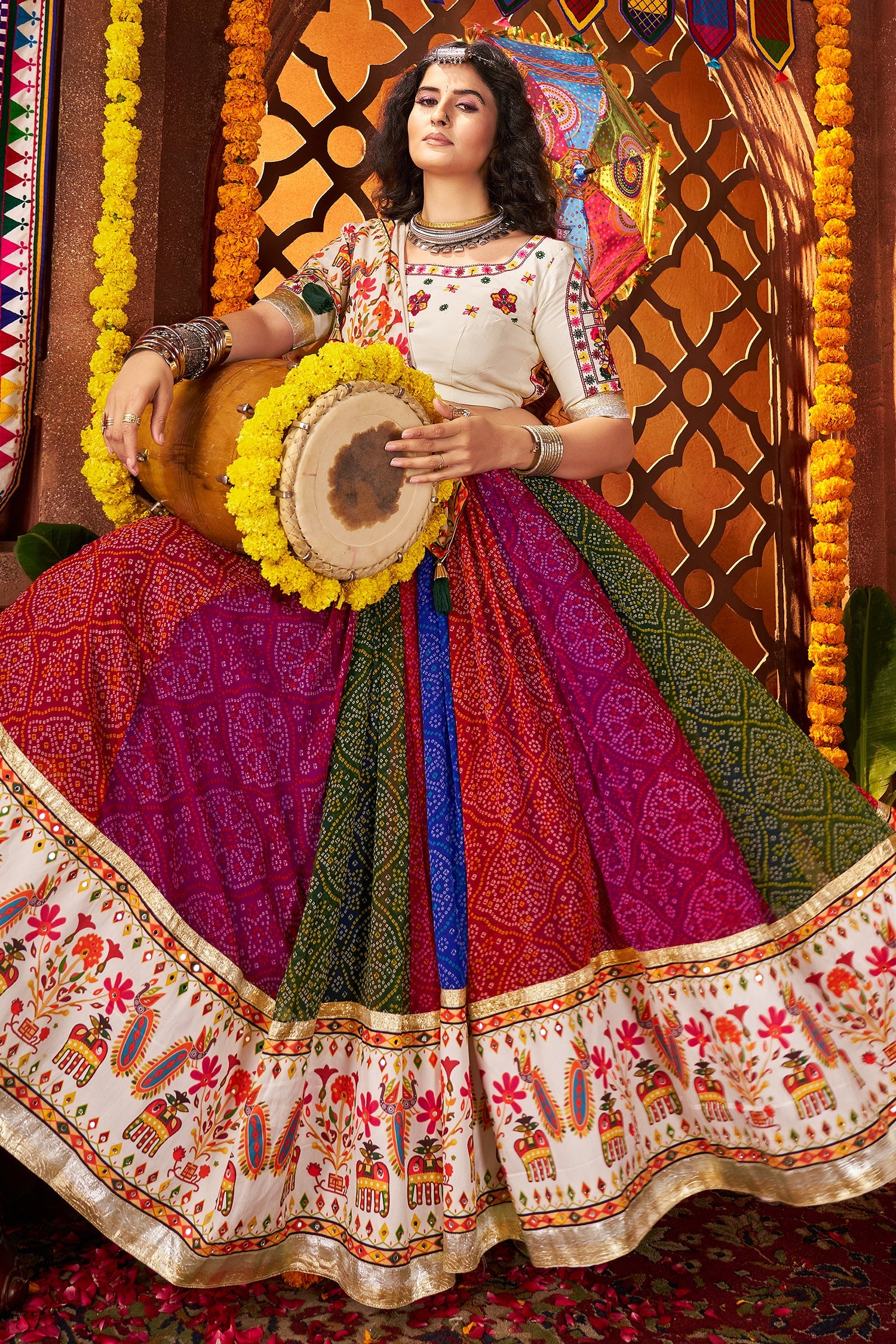 Multi Colored Flared Georgette Chaniya Choli with Mirror and Bandhej Print Work