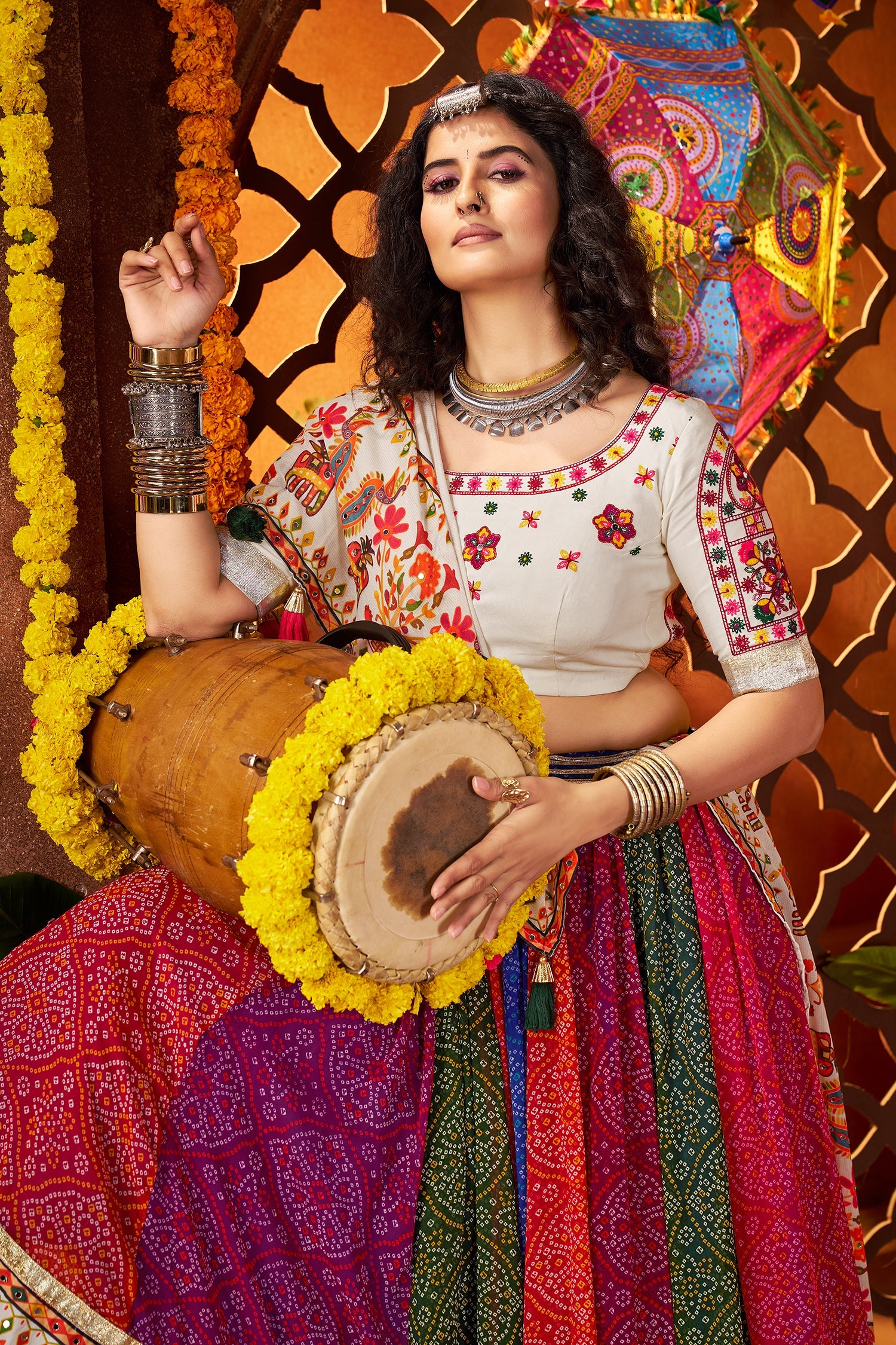 Multi Colored Flared Georgette Chaniya Choli with Mirror and Bandhej Print Work