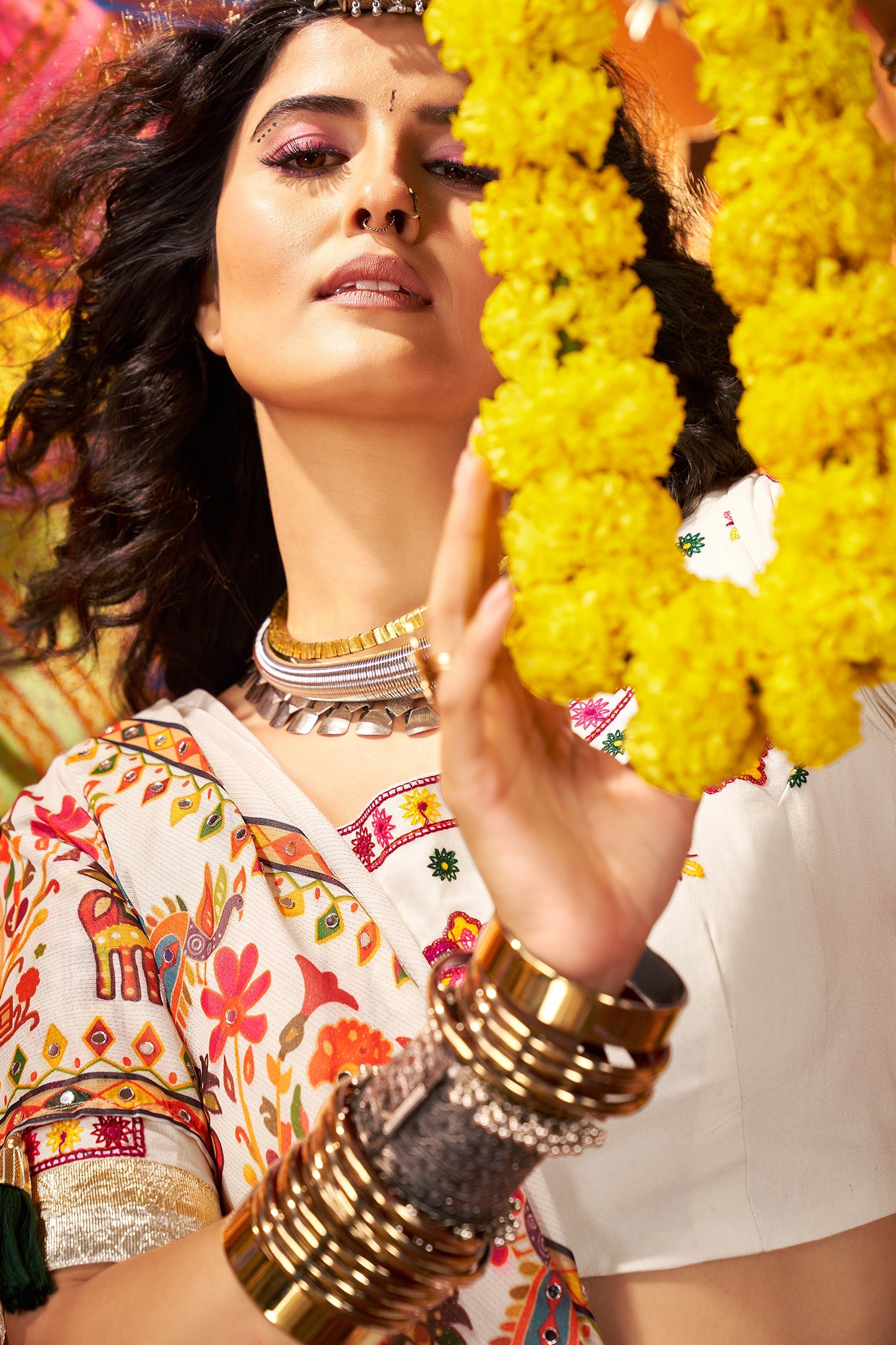 Multi Colored Flared Georgette Chaniya Choli with Mirror and Bandhej Print Work