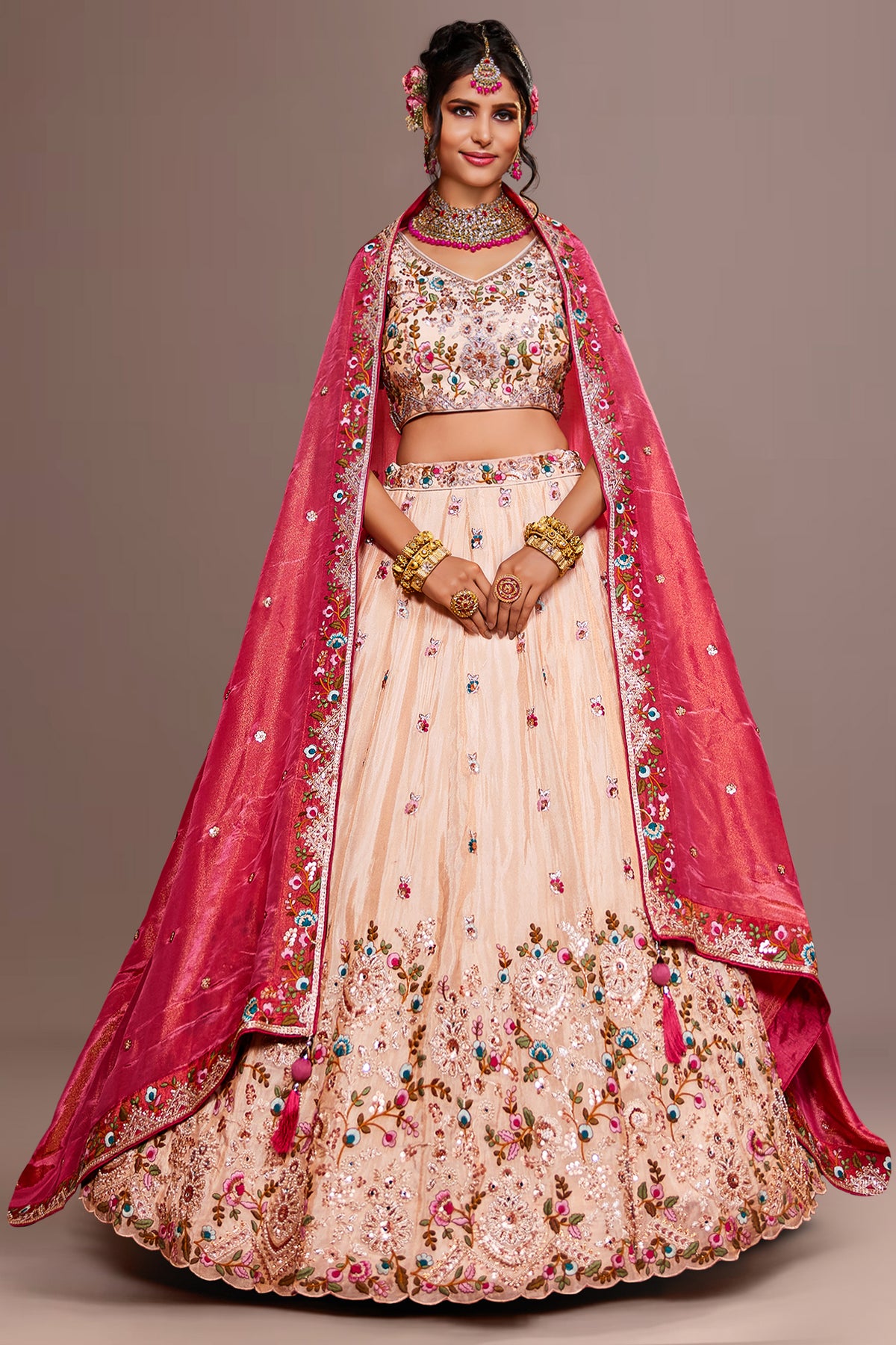 Cream Tissue Sequins Embroidery Lehenga - cream saree embroidery