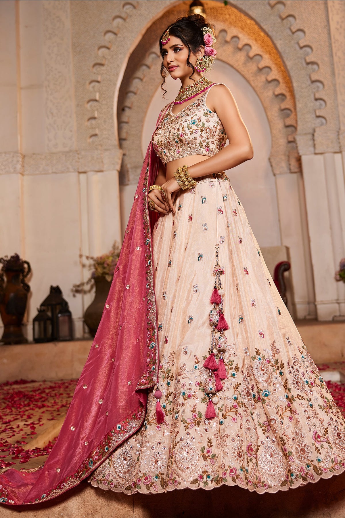 Cream Tissue Sequins Embroidery Lehenga - cream saree embroidery