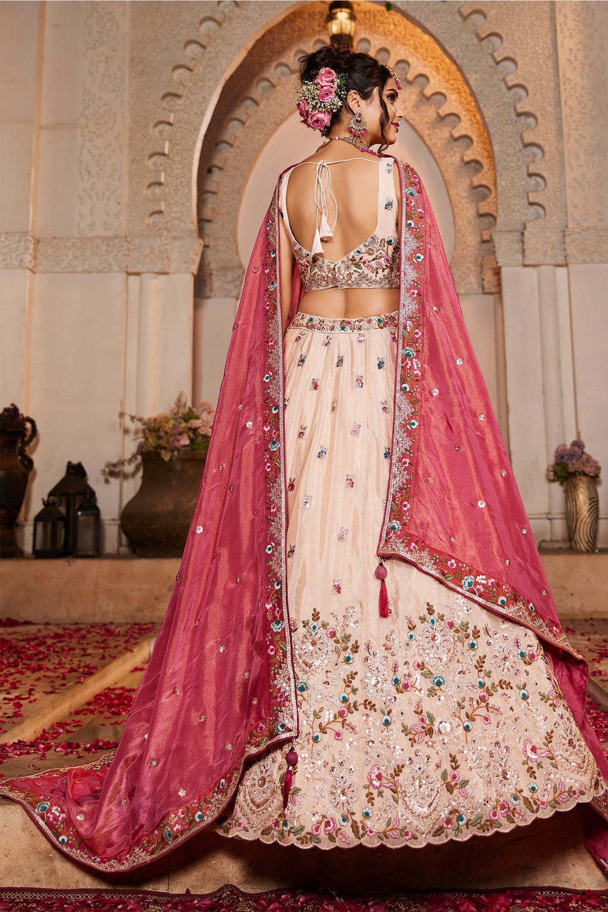 Cream Tissue Sequins Embroidery Lehenga - cream saree embroidery