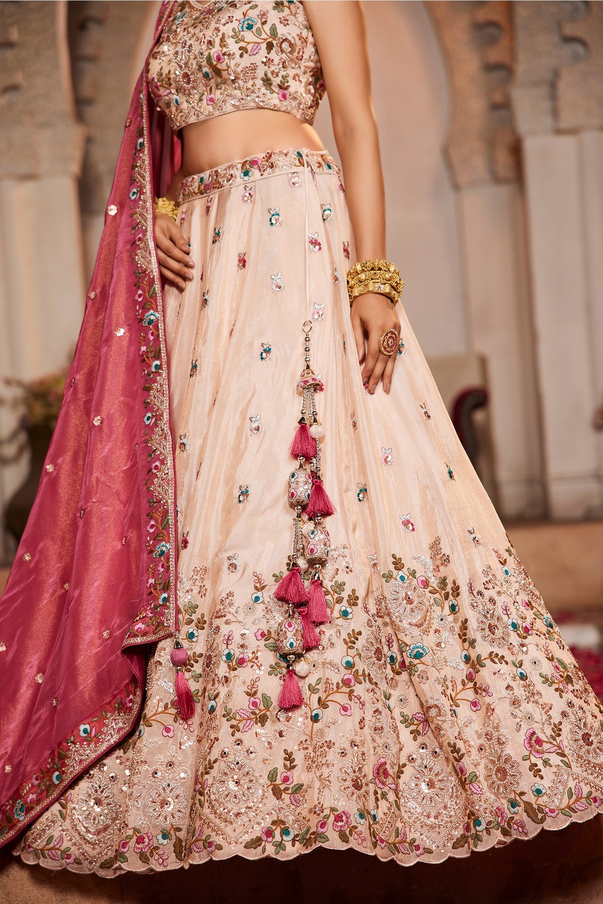Cream Tissue Sequins Embroidery Lehenga - cream saree embroidery