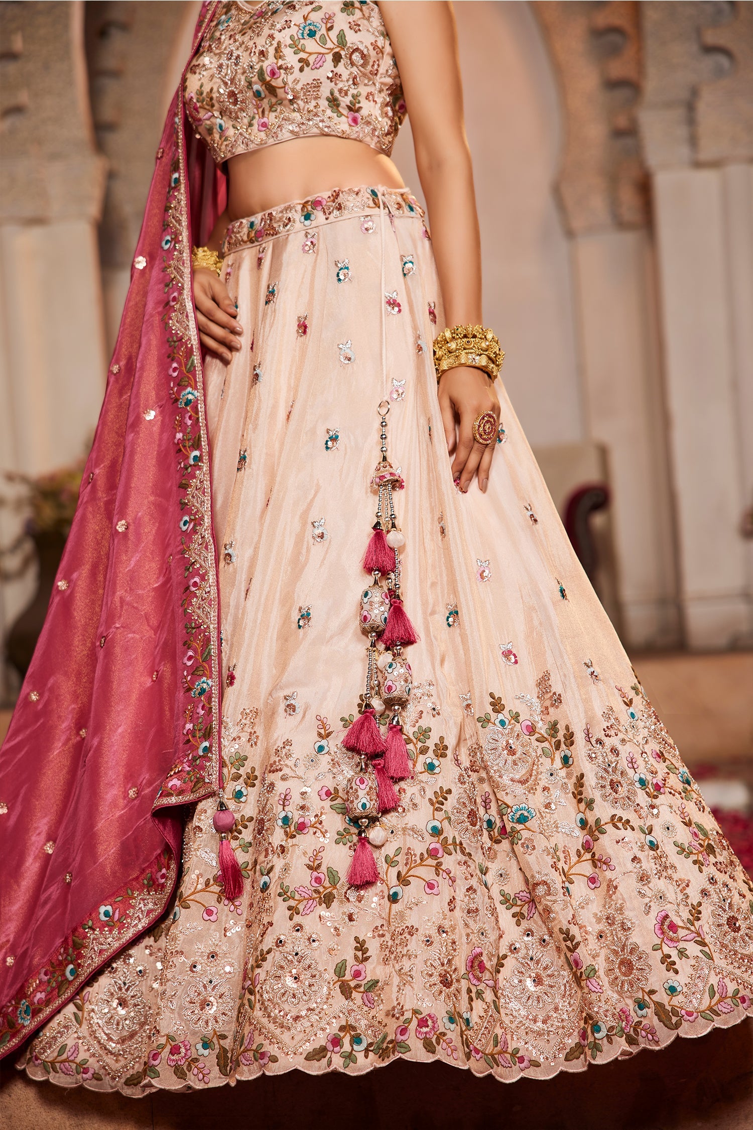 Cream Tissue Sequins Embroidery Lehenga - cream saree embroidery
