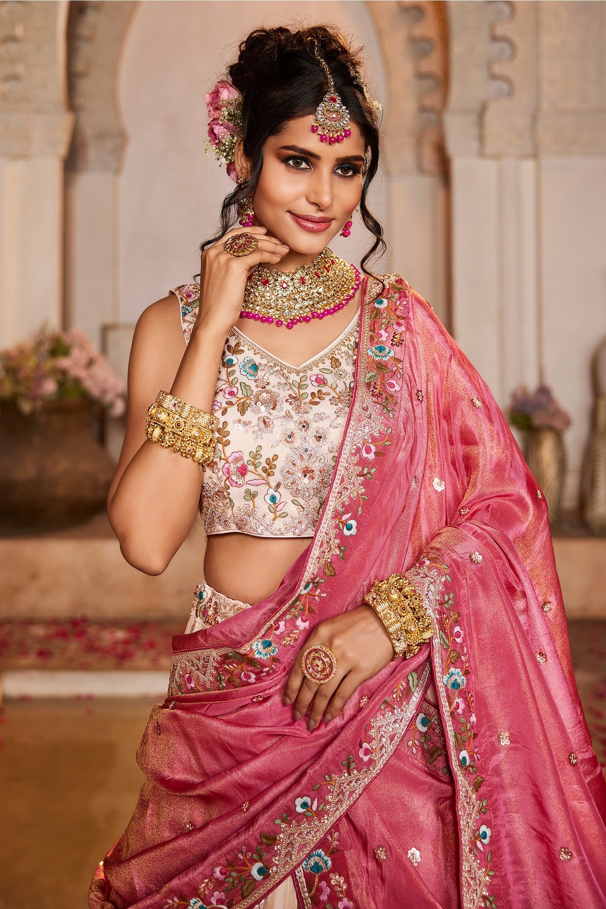 Cream Tissue Sequins Embroidery Lehenga - cream saree embroidery
