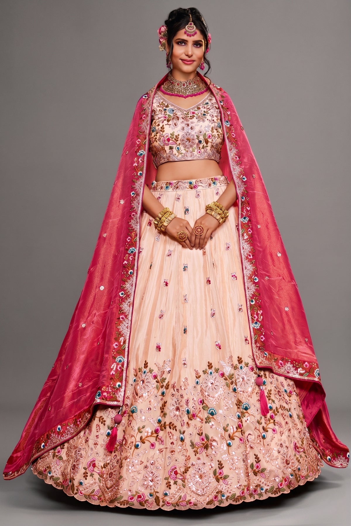 Cream Tissue Sequins Embroidery Lehenga - cream saree embroidery