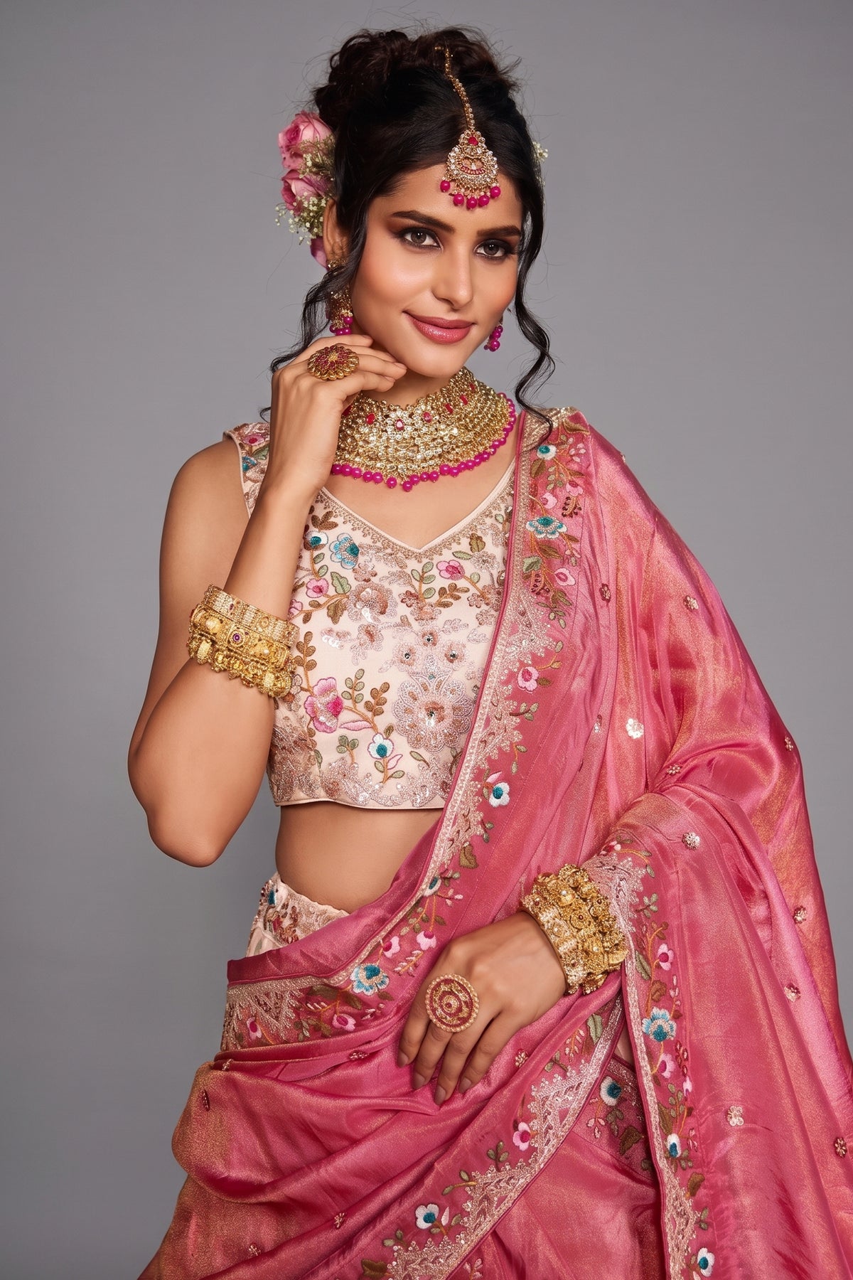 Cream Tissue Sequins Embroidery Lehenga - cream saree embroidery