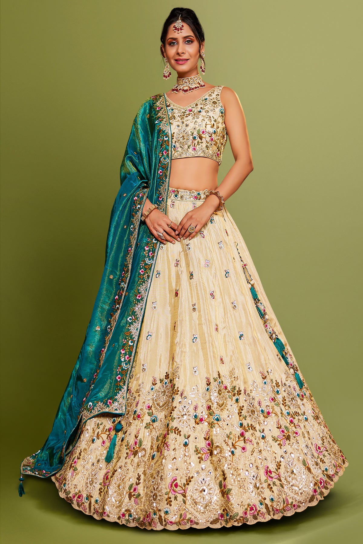 Cream Tissue Sequins Embroidery Lehenga - cream saree embroidery