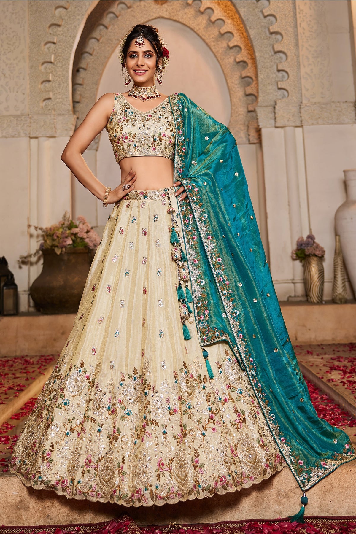 Cream Tissue Sequins Embroidery Lehenga - cream saree embroidery