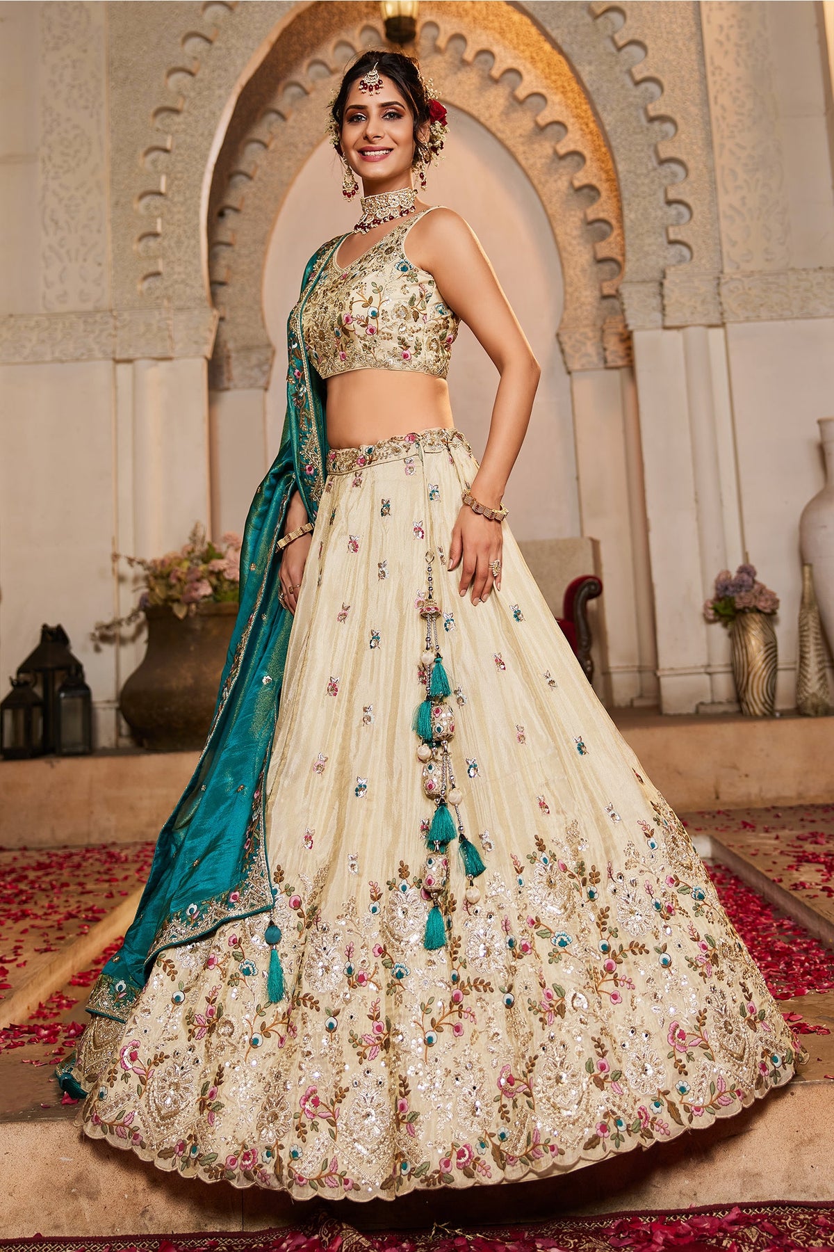 Cream Tissue Sequins Embroidery Lehenga - cream saree embroidery