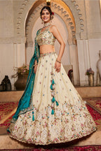 Cream Tissue Sequins Embroidery Lehenga - cream saree embroidery