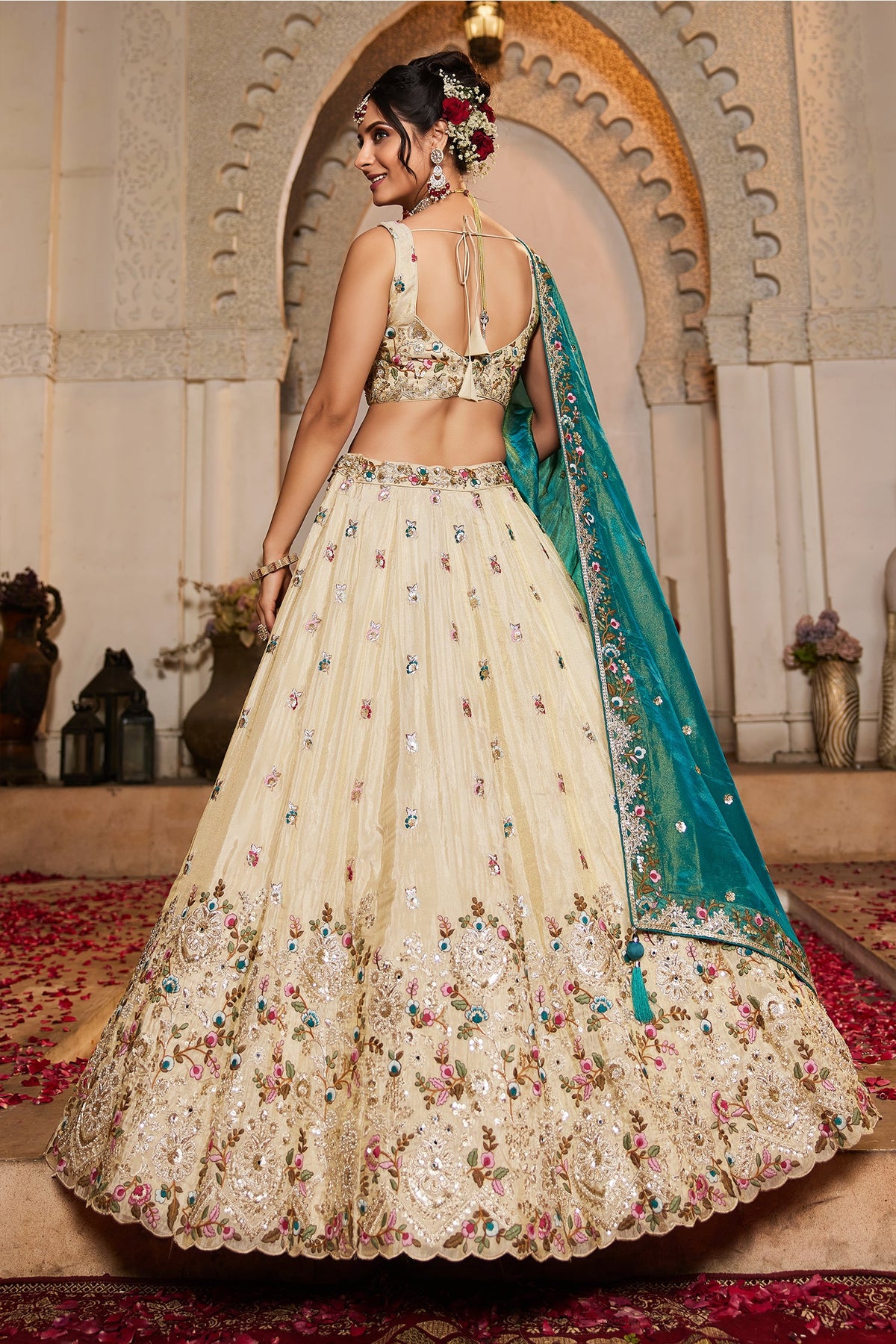 Cream Tissue Sequins Embroidery Lehenga - cream saree embroidery