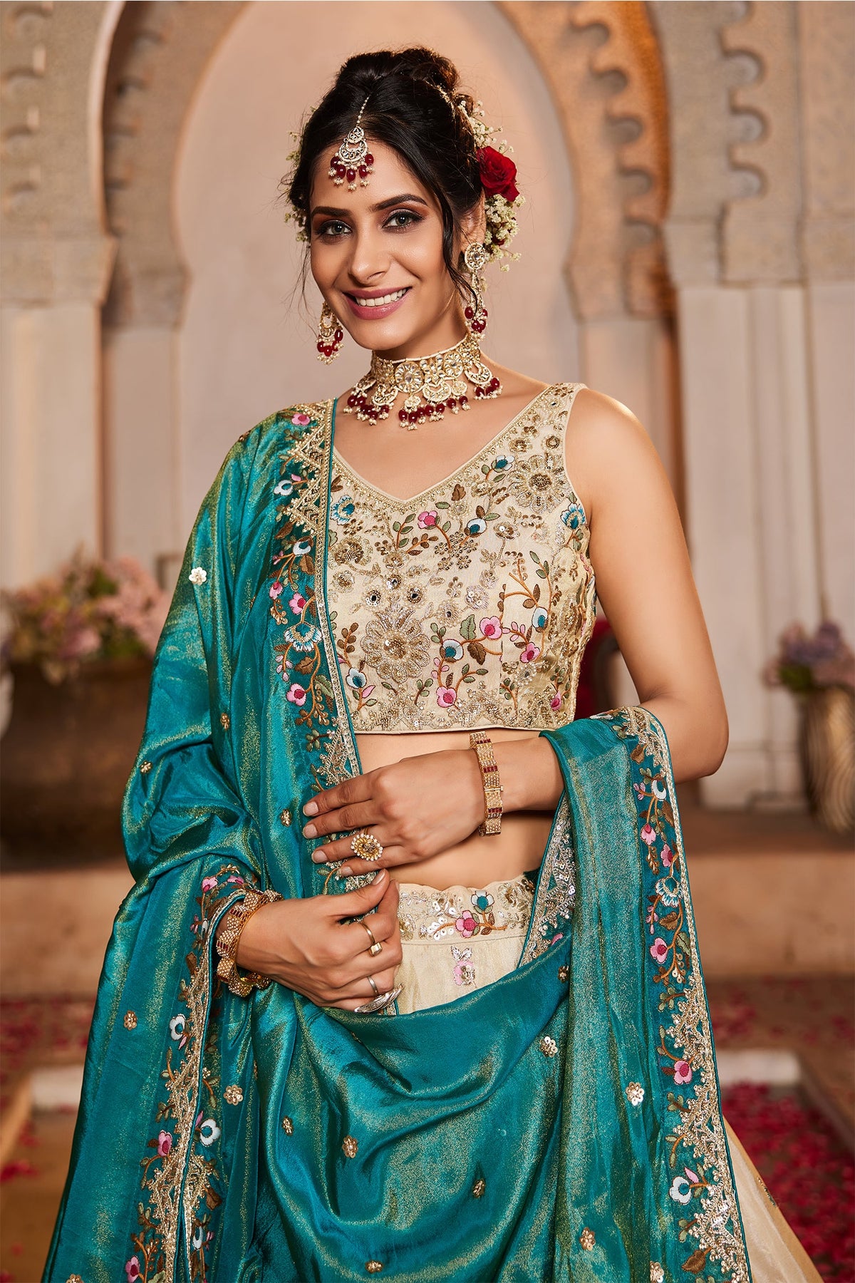Cream Tissue Sequins Embroidery Lehenga - cream saree embroidery