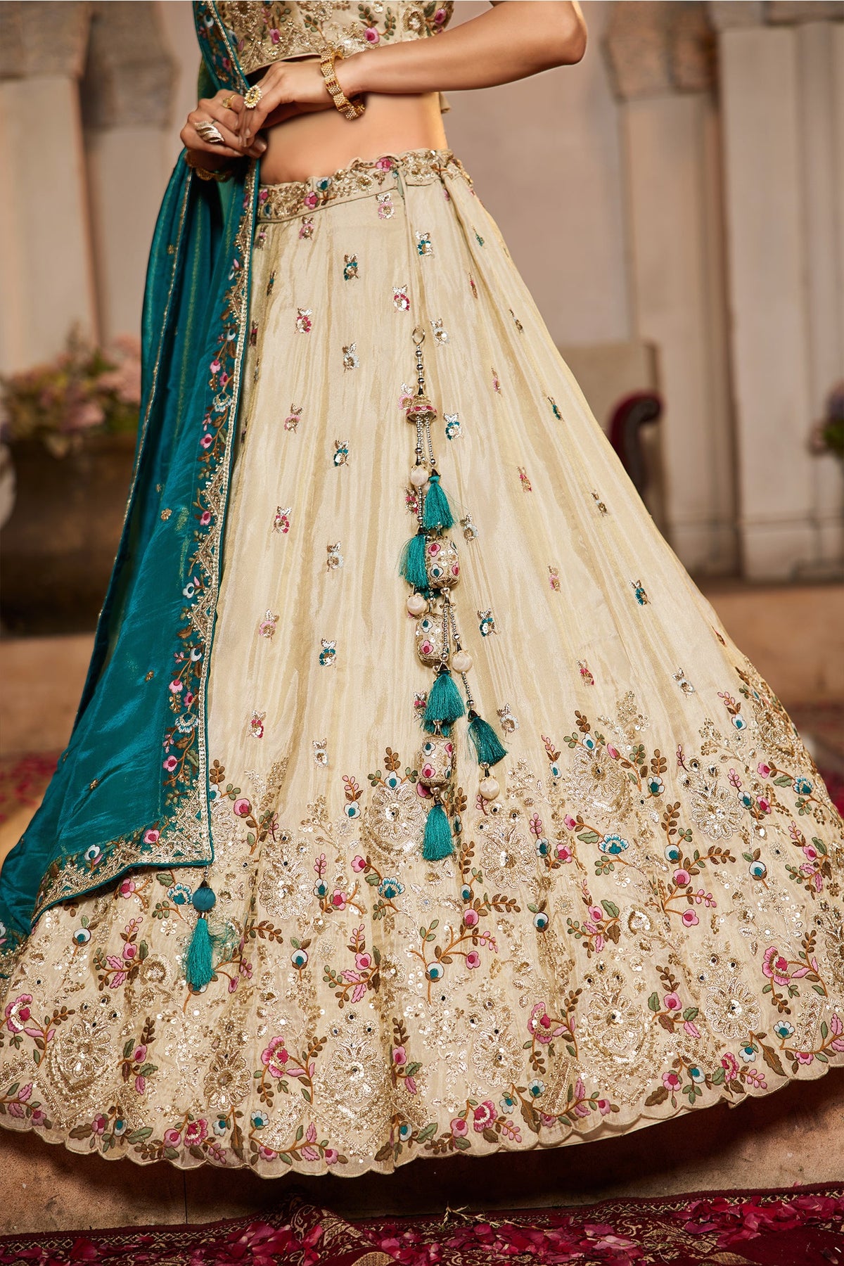 Cream Tissue Sequins Embroidery Lehenga - cream saree embroidery