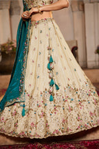 Cream Tissue Sequins Embroidery Lehenga - cream saree embroidery