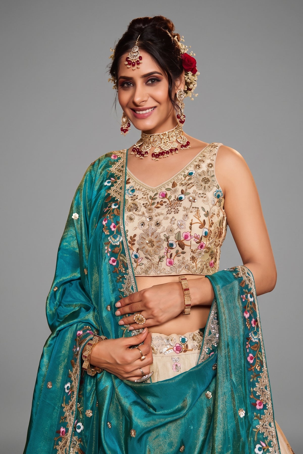 Cream Tissue Sequins Embroidery Lehenga - cream saree embroidery