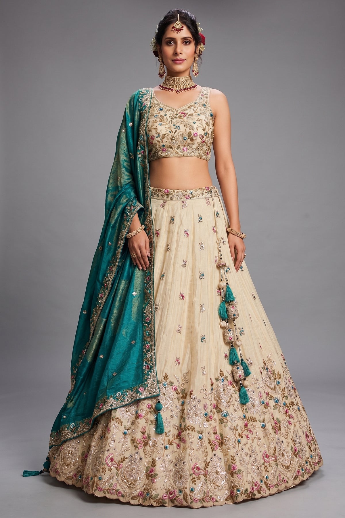 Cream Tissue Sequins Embroidery Lehenga - cream saree embroidery