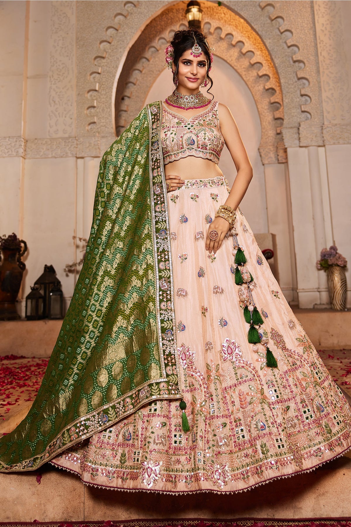 Peach Tissue Mirror Embroidery Lehenga