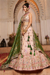 Peach Tissue Mirror Embroidery Lehenga