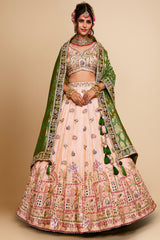 Peach Tissue Mirror Embroidery Lehenga