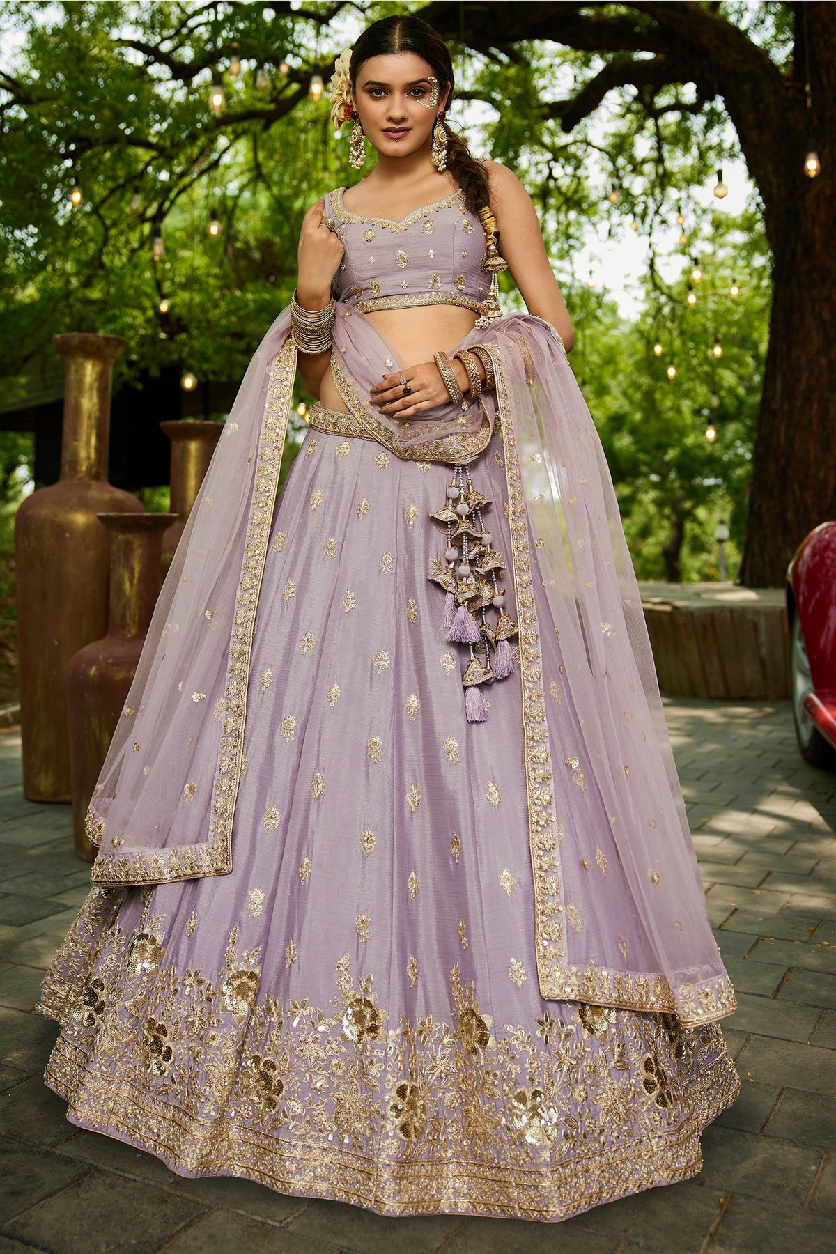 Mauve Chinon Chiffon Sequins Embroidery Lehenga - chiffon saree embroidery