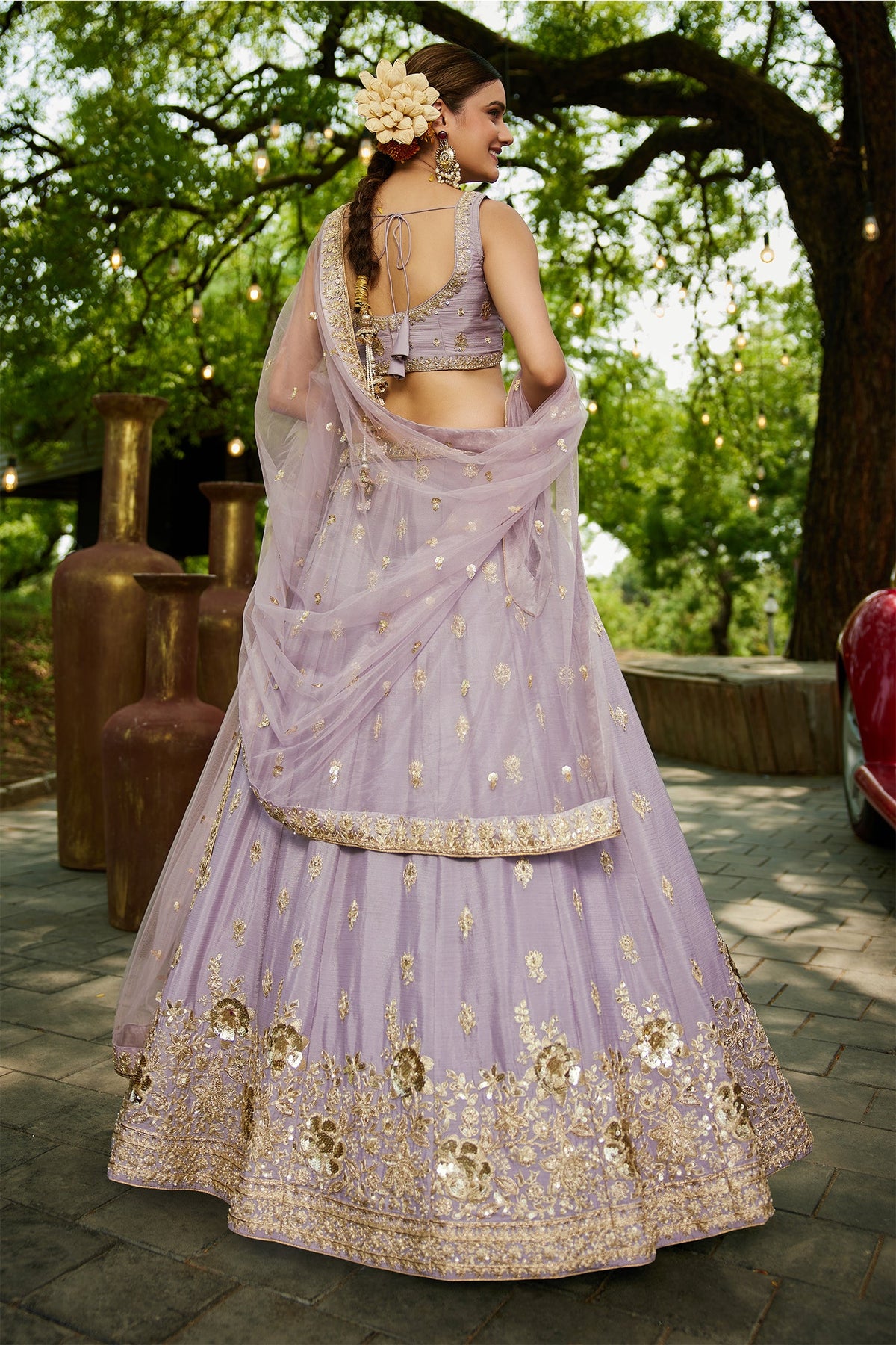 Mauve Chinon Chiffon Sequins Embroidery Lehenga - chiffon saree embroidery