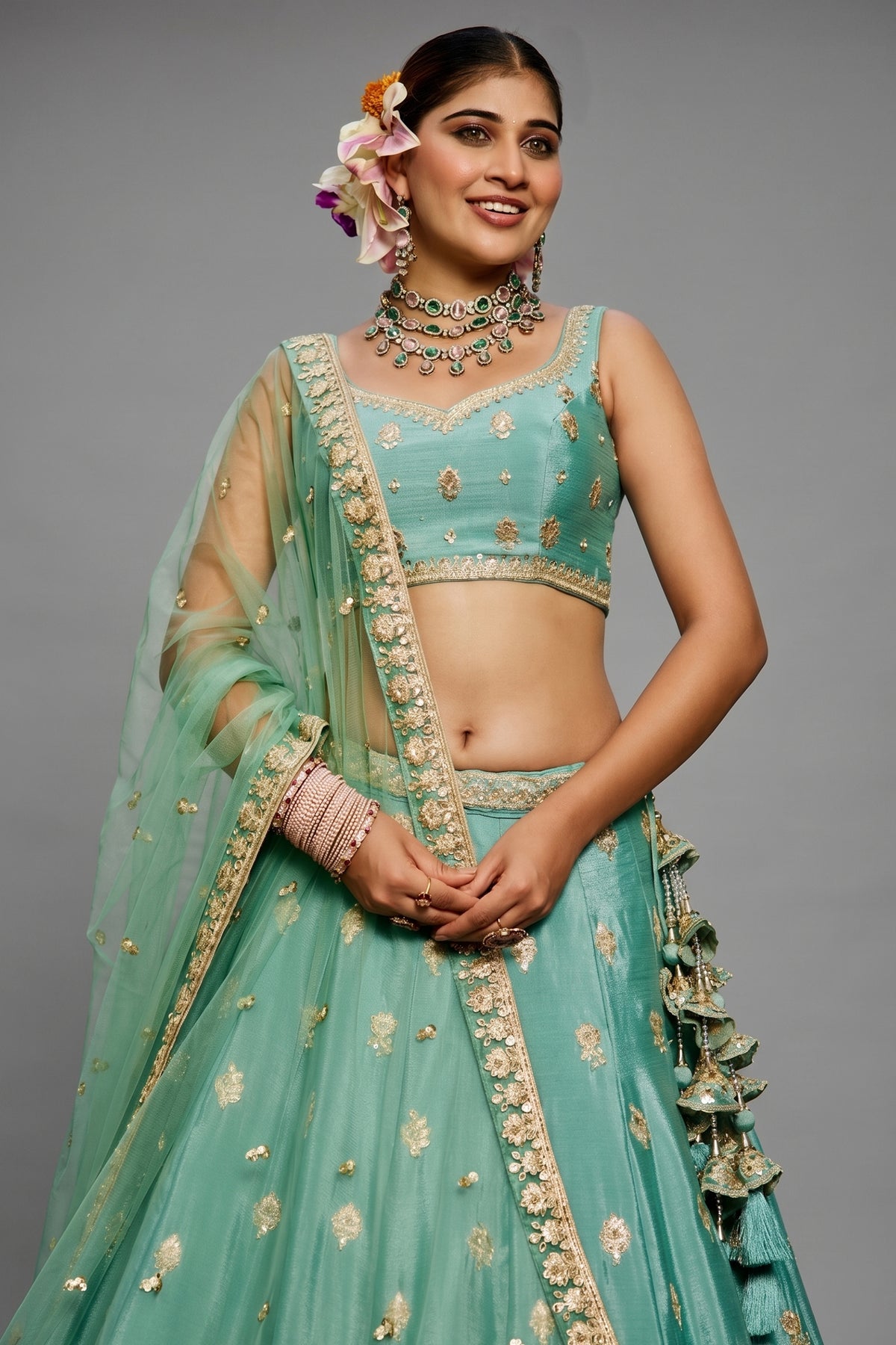 Sea Green Chinon Chiffon Sequins Embroidery Lehenga - green chiffon saree embroidery