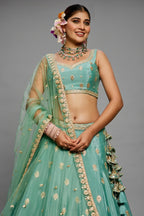 Sea Green Chinon Chiffon Sequins Embroidery Lehenga - green chiffon saree embroidery