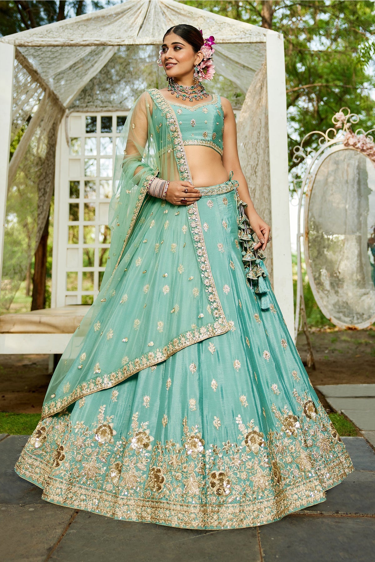 Sea Green Chinon Chiffon Sequins Embroidery Lehenga - green chiffon saree embroidery