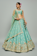 Sea Green Chinon Chiffon Sequins Embroidery Lehenga - green chiffon saree embroidery