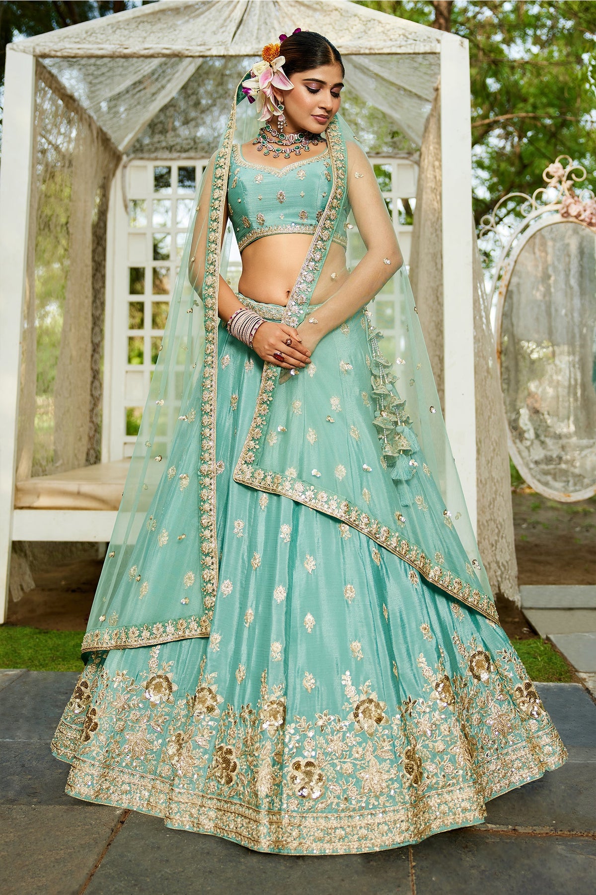 Sea Green Chinon Chiffon Sequins Embroidery Lehenga - green chiffon saree embroidery