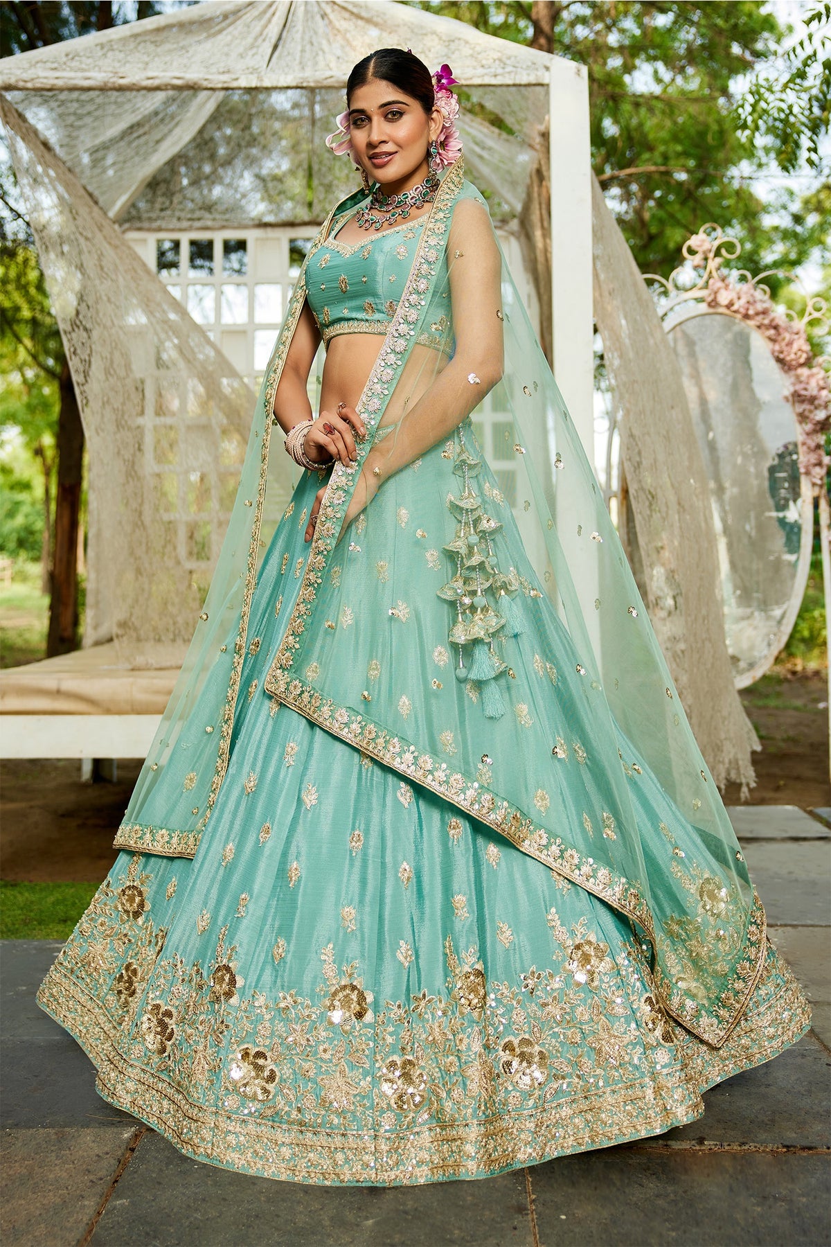 Sea Green Chinon Chiffon Sequins Embroidery Lehenga - green chiffon saree embroidery