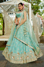 Sea Green Chinon Chiffon Sequins Embroidery Lehenga - green chiffon saree embroidery