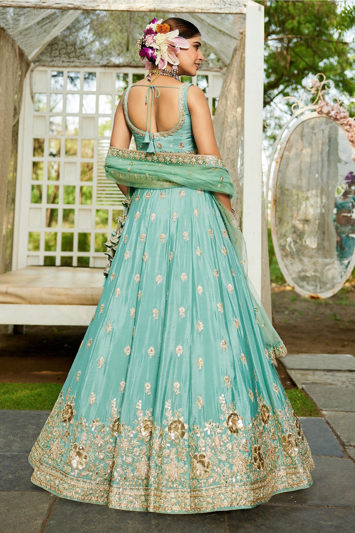 Sea Green Chinon Chiffon Sequins Embroidery Lehenga - green chiffon saree embroidery