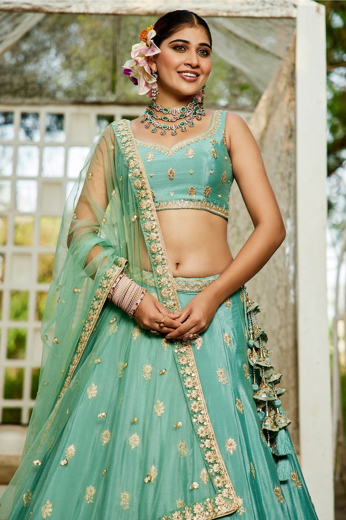 Sea Green Chinon Chiffon Sequins Embroidery Lehenga - green chiffon saree embroidery