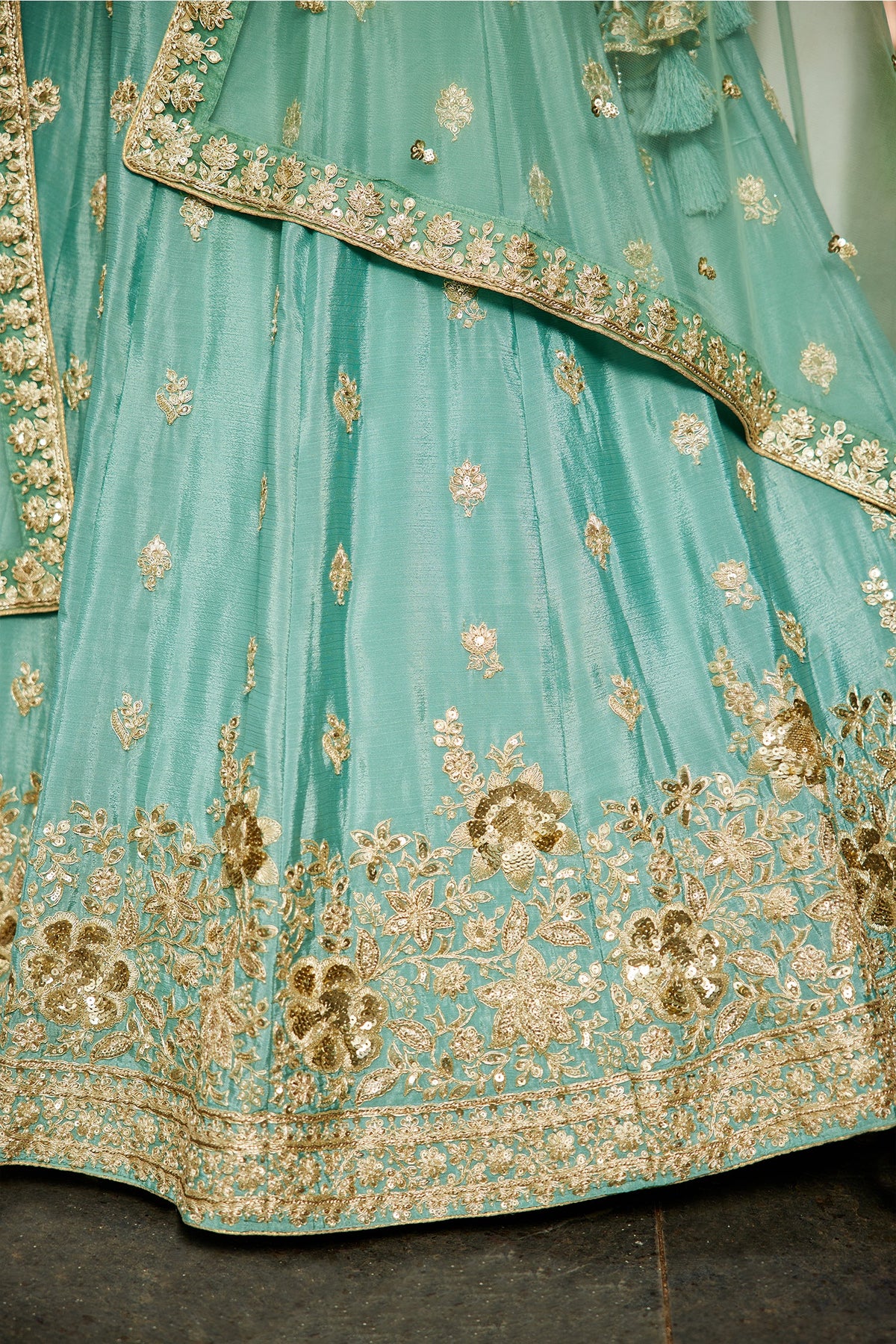 Sea Green Chinon Chiffon Sequins Embroidery Lehenga - green chiffon saree embroidery