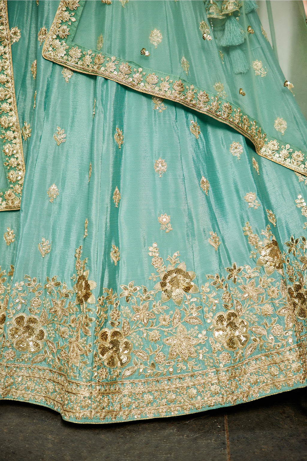 Sea Green Chinon Chiffon Sequins Embroidery Lehenga - green chiffon saree embroidery