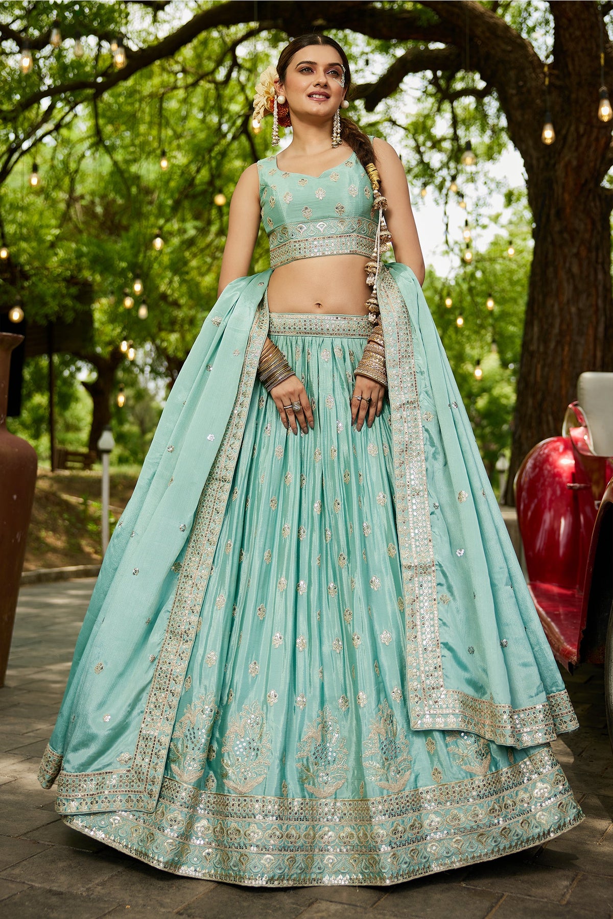 Sea green Chiffon Sequin Embroidered Lehenga